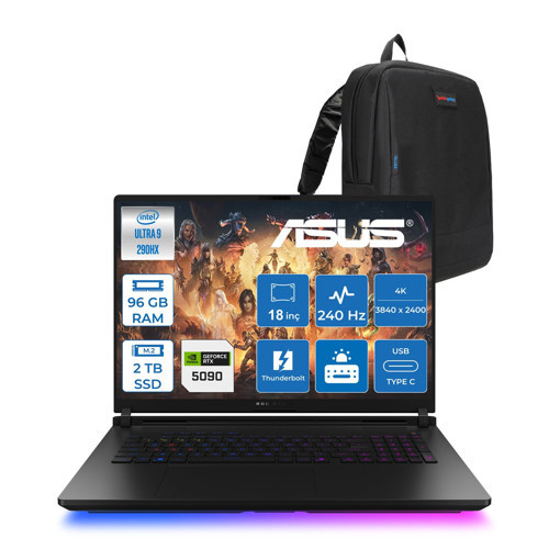 Rog Strix Scar G18 G835LXG-TQ557 Intel Core Ultra 9 290HX Plus 96GB Ddr5 2tb SSD Fdos 175W RTX5090 24GB Ggdr7 18" 4K Wquxga Miniled 240Hz Gaming Laptop ROGTQ557F45 + Zettaçanta