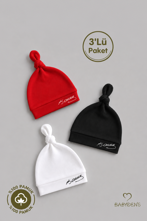 Atatürk İmzalı Yenidoğan Bebek Şapka Seti 3’lü Paket %100 Pamuklu Unisex Bebek Bere Takımı
