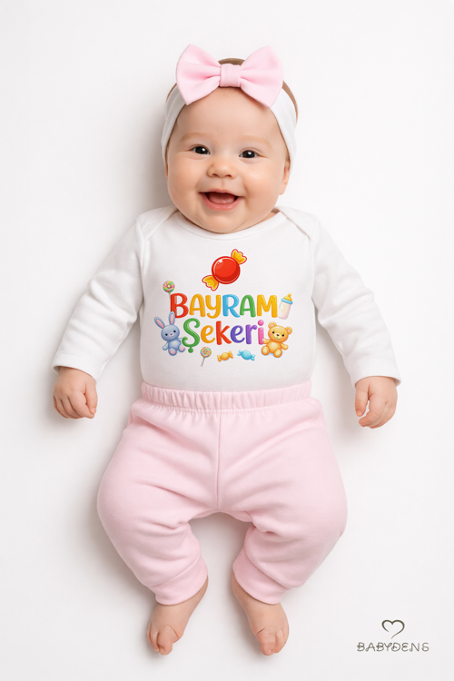 Kız Bebek Bayramlık 3'lü Takım Bayram Şekeri Baskılı Pamuklu Uzun Kol Body Pantolon Fiyonk Saç Bandı