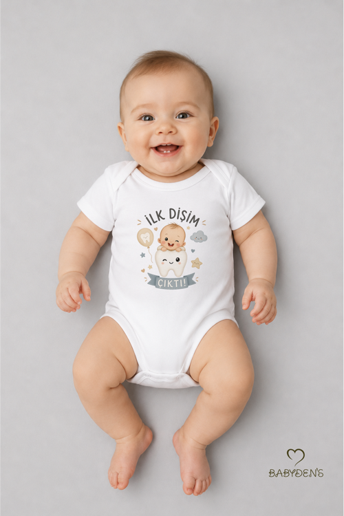 İlk Dişim Çıktı Baskılı Kısa Kol Bebek Body %100 Pamuk Unisex Diş Buğdayı Konsept Çıtçıtlı Zıbın