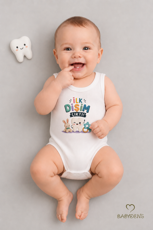 Diş Buğdayı Body %100 Pamuk İlk Dişim Çıktı Baskılı Kolsuz Bebek Body Çıtçıtlı Unisex Yenidoğan Zıbın