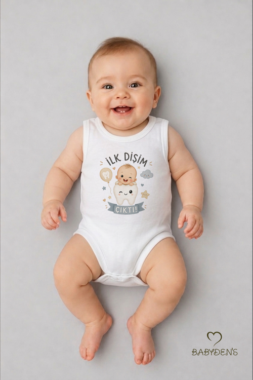 İlk Dişim Çıktı Baskılı Kolsuz Bebek Body %100 Pamuk Unisex Diş Buğdayı Konsept Çıtçıtlı Zıbın