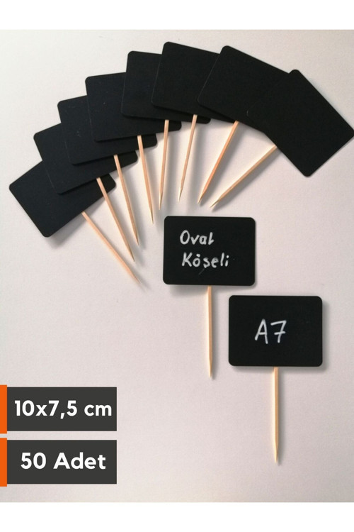 50 Ad Saplama Etiket A7 Silinebilir Siyah Çubuklu (10X7,5 CM) Karatahta Dekoratif Vitrin Raf Etiketi