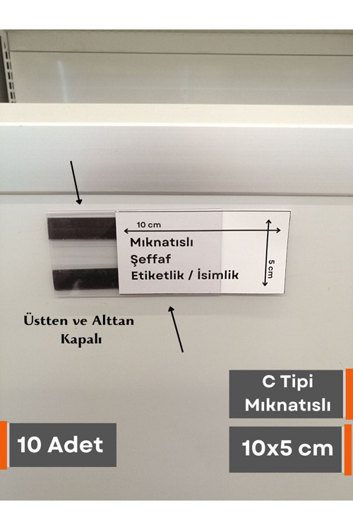 10 Ad Pvc Mıknatıslı C Tipi 5x10 Cm Depo Ürün Etiketliği Şeffaf Magnet Isimlik Raf Fiyat Etiketliği
