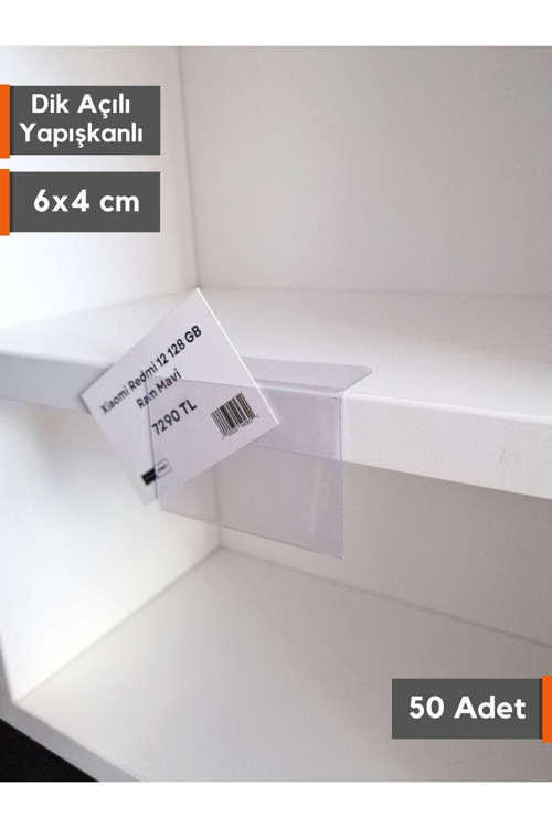 50 Adet PVC Yapışkanlı Etiketlik Dik Açılı 6x4 cm Raflar için Etiketlik Etiket Cebi Ürün isimlik