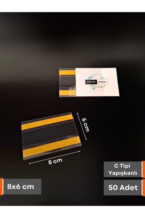 50 Adet C Tipi 8x6 Cm Depo Ürün Etiketliği Şeffaf Yapışkanlı Etiketlik isimlik Raf Fiyat Etiketliği