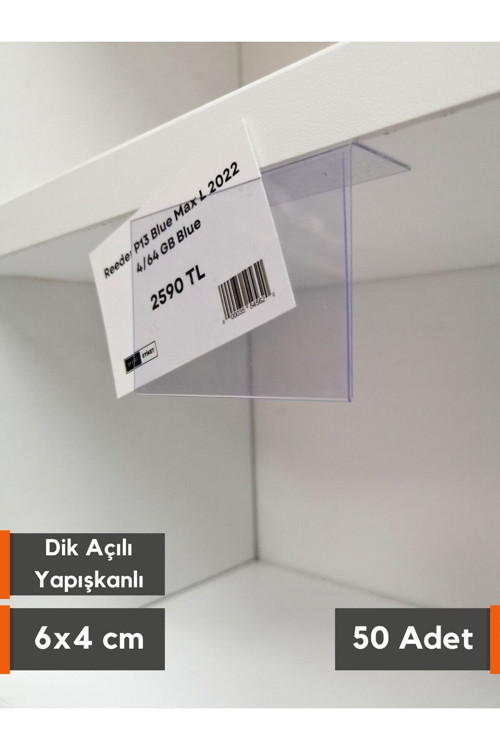 50 Adet PVC Yapışkanlı Etiketlik Dik Açılı 6x4 cm Raflar için Etiketlik Etiket Cebi Ürün isimlik Alt