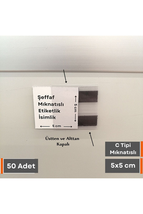 50 Adet C Tipi Mıknatıslı Magnetli PVC Etiketlik İsimlik (5X5 CM) Dolap Kapakları Karekod Isimlik