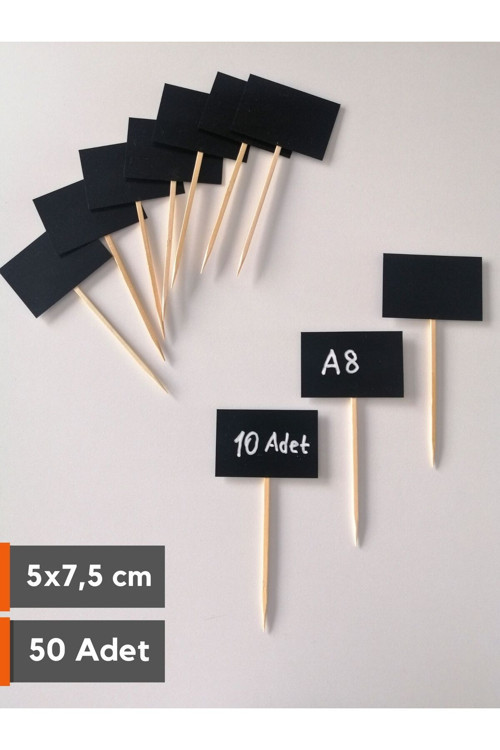 50 Ad Saplama Etiket Çubuklu Siyah Silinebilir (7,5X5 CM) A8 Etiket Saplı Batırma Etiket Kafe Vitrin