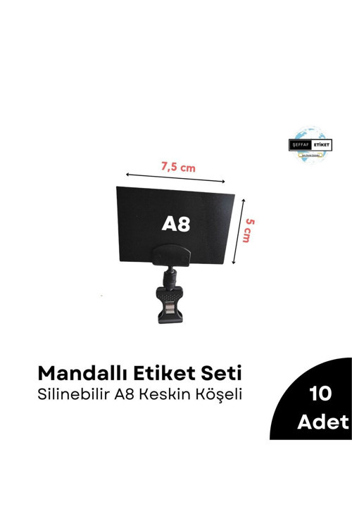 10 Ad Mandallı Etiket Tutucu Silinebilir A8 Siyah Etiket Seti Kıskaçlı Vitrin Tepsiye Takılan Etiket