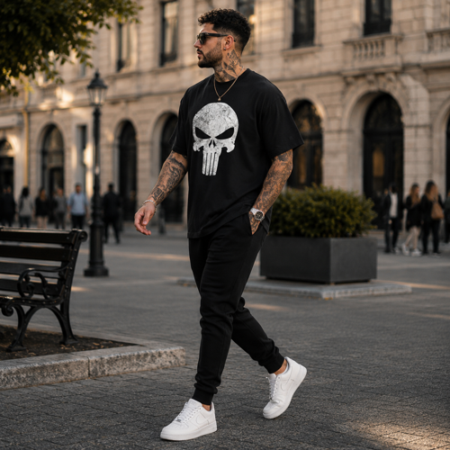 A KALİTE PREMİUM Punisher Kuru Kafa Baskılı Oversize Siyah Erkek Tişört