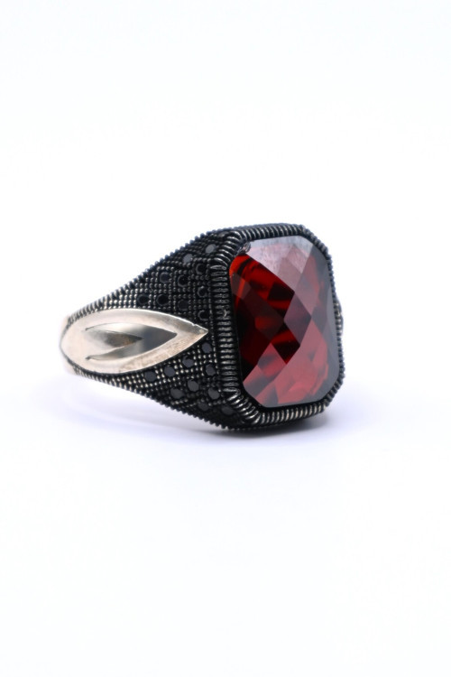 Kırmızı Zirkon Taşlı 925 Ayar Gümüş Erkek Yüzük