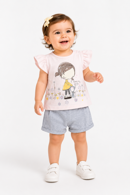 %100 Pamuk Kız Bebek Çocuk Şortlu Takım 372279