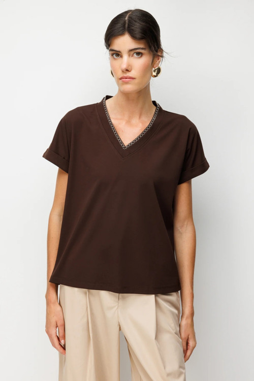 Kadın Yakası Zincirli V Yaka T-Shirt 71352 Kahverengi
