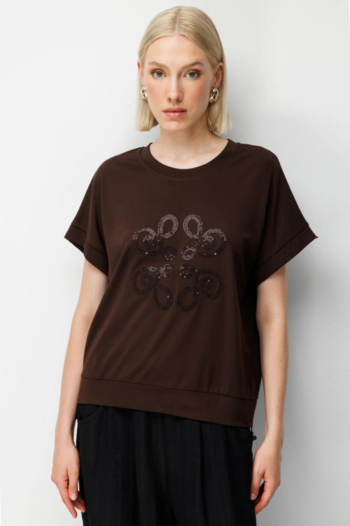 Kadın Yanları Lastikli İşlemeli T-Shirt 70430 Kahverengi