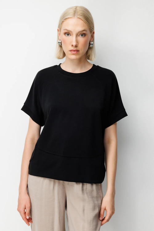 Kadın Sıfır Yaka Dikiş Detaylı T-Shirt 76429 Siyah
