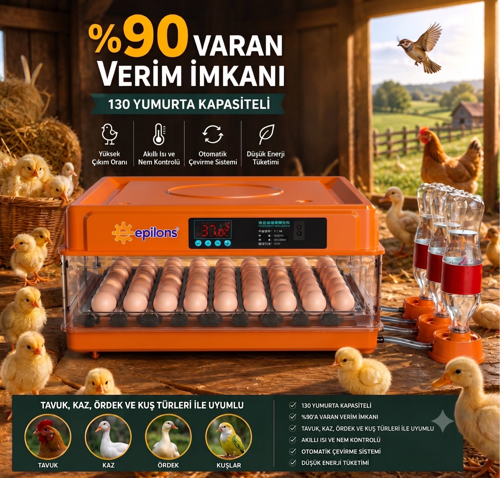 Tam Otomatik Kuluçka Makinesi 130 Yumurta Kapasiteli - Akıllı Isı Ve Nem Kontrollü, Ayarlanabil