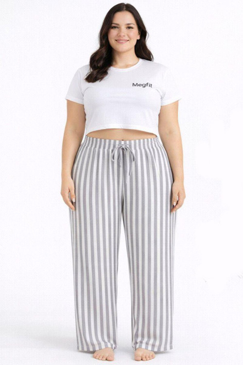 Viskon Pamuklu Kadın Büyük Beden Açık Gri Çizgili Pijama Pantolon - MGB006 - Mudanis