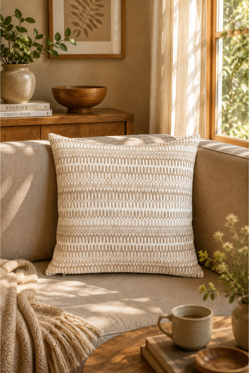 Echo Premium Jakarlı Dokuma Bej Kırlent Kılıfı 43x43 cm