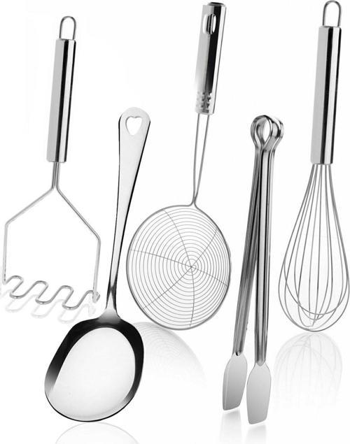 5 Parça Çelik Metal Mutfak Servis Seti Takımı (kaşık, Çırpıcı, Maşa, Patates Ezici, Kızartma Kevgir)