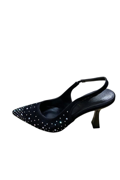 Kadın Kadeh Topuk Taşlı Siyah Arkası Açık Stiletto