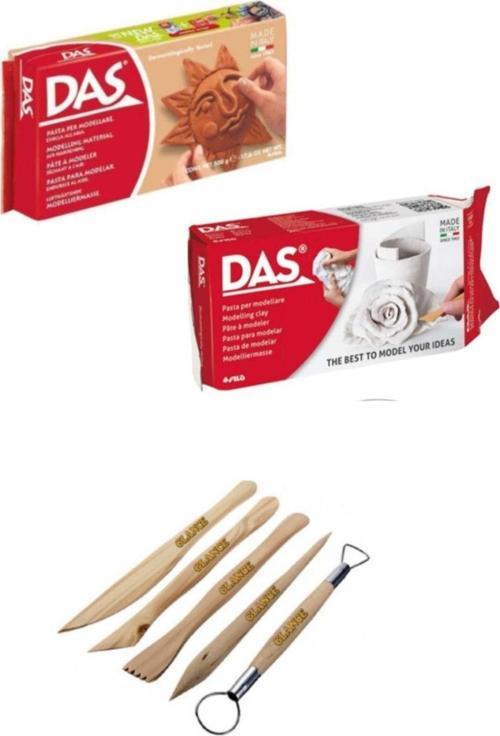 Beyaz Kahve Seramik Kili 500 gr Modelaj Kalemi Ebeşuar 5 Li Ahşap Set H.s