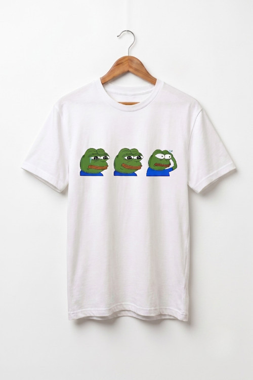Unisex Beyaz Pepe The Frog Üçlü Ruh Hali Tasarım T-shirt