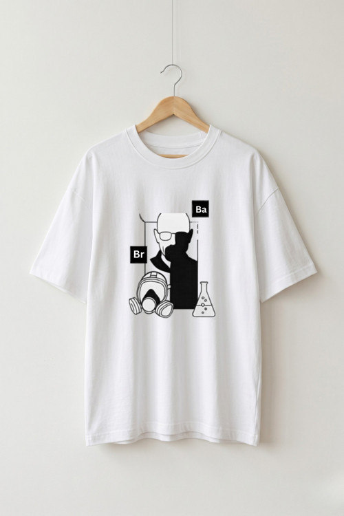 Oversize Unisex Beyaz Breaking Bad Walter White Çizgi Sanat Baskılı Tişört