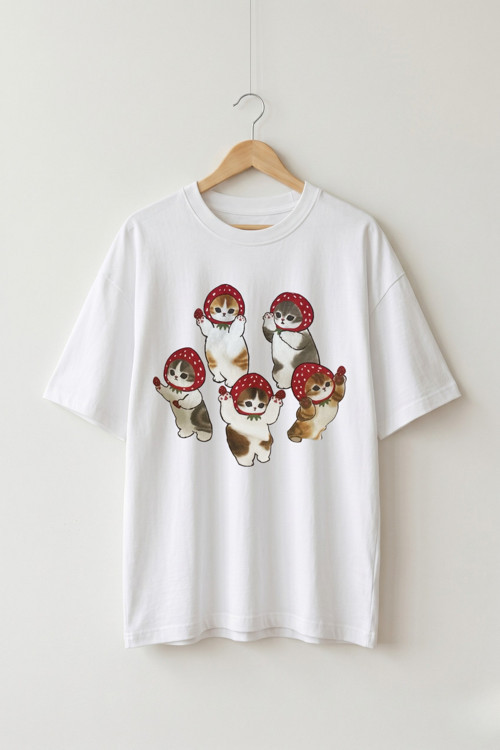 Oversize Unisex Beyaz Kawaii Sevimli Kedi Grafik Tasarım Tişört