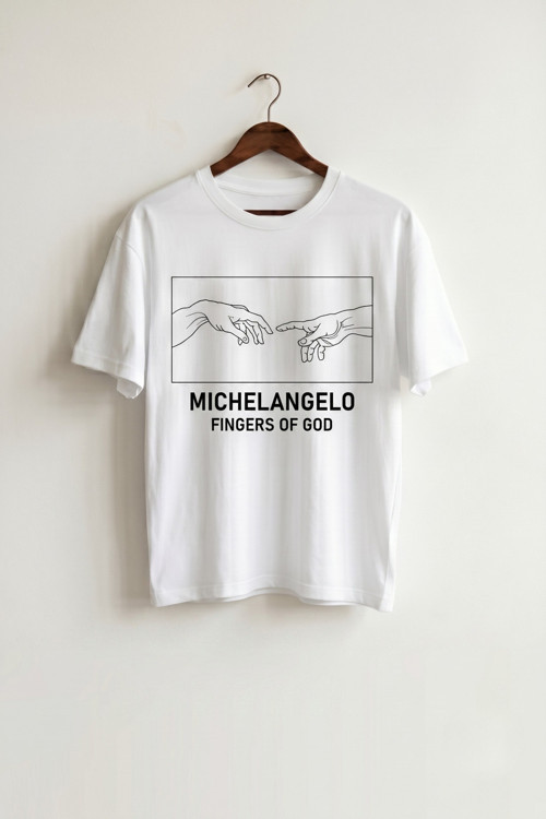 Oversize Unisex Beyaz Michelangelo Adem'in Yaratılışı Baskılı Tişört
