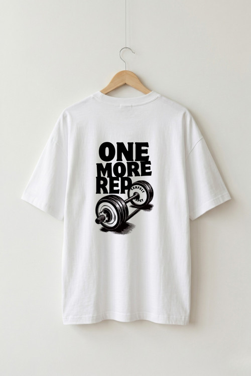 Oversize Unisex Beyaz One More Rep Gym Baskılı Tişört