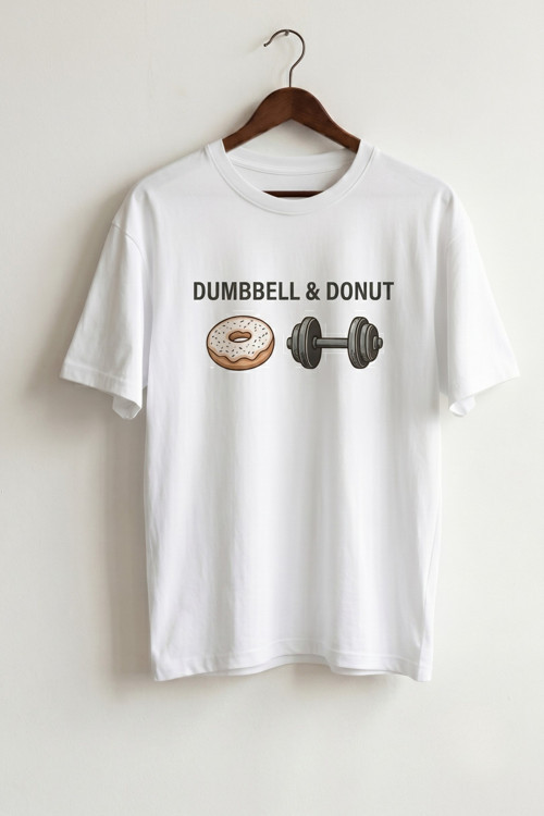 Unisex Beyaz Dumbbell Donut Baskılı Fitness Sporcu Oversize Tişört