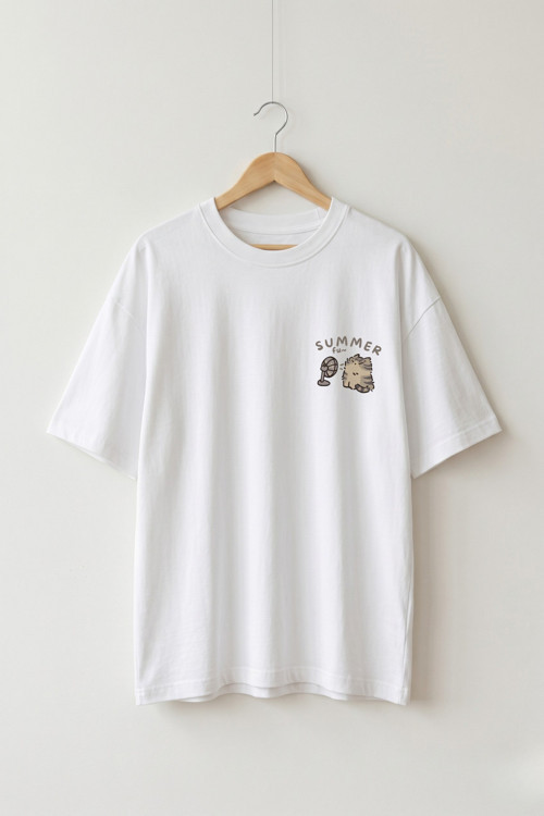 Oversize Unisex Beyaz Önlü Arkalı Vantilatörlü Kedi Baskılı Tişört