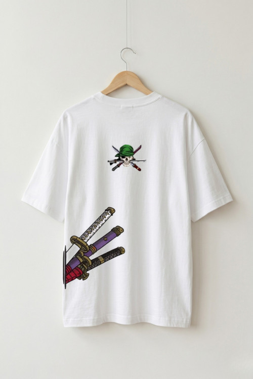 Oversize Unisex Beyaz One Piece Roronoa Zoro Üç Kılıç Detay Anime Tasarım Tişört