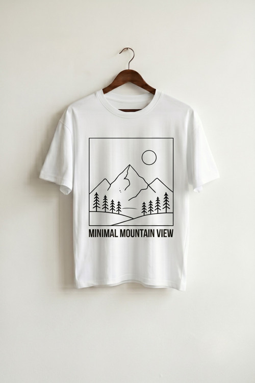 Oversize Unisex Beyaz Minimal Mountain View Dağ Baskılı Tişört