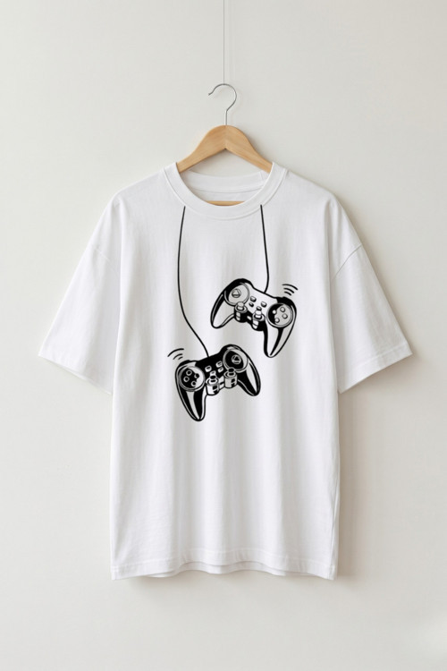Oversize Unisex Beyaz Gamer Konsol Grafik Baskılı Oyuncu Tişört