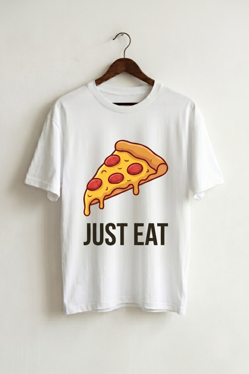 Unisex Beyaz Just Eat Eğlenceli Gurme Baskılı Oversize Tişört