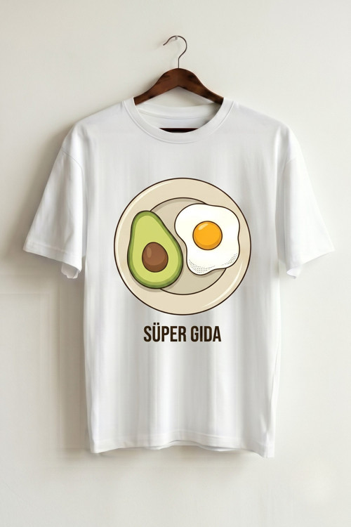 Unisex Beyaz Süper Gıda Avokado Yumurta Baskılı Oversize Tişört
