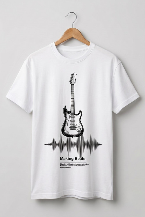 Unisex Beyaz Making Beats Tasarım Gitar Baskılı T-shirt