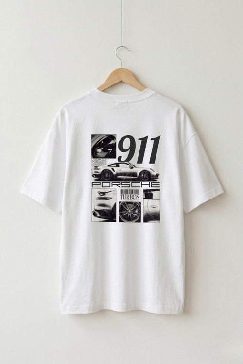 Oversize Unisex Beyaz 911 Turbo Araba Ön-Arka Grafik Baskılı JDM Tasarım Tişört