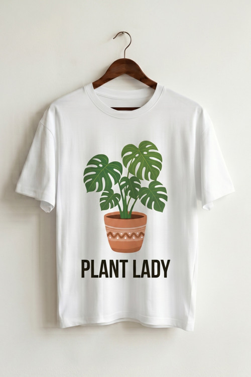 Kadın Beyaz Plant Lady Tasarım Yaprak Baskılı Oversize T-shirt