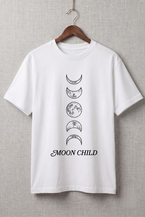 Unisex Beyaz Moon Child Ayın Evreleri Baskılı Mistik Oversize Tişört
