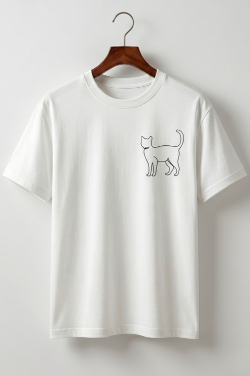 Oversize Unisex Beyaz Minimalist Kedi Baskılı Çizgisel Tişört