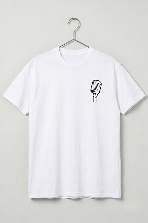 Oversize Unisex Beyaz Retro Mikrofon Baskılı Müzisyen Tişört