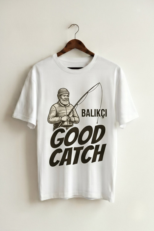 Oversize Unisex Beyaz Balıkçı Good Catch Baskılı Avcı Tişört
