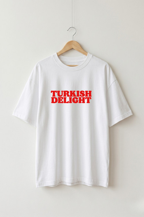 Oversize Unisex Beyaz Turkish Delight Yazı Baskılı Tişört