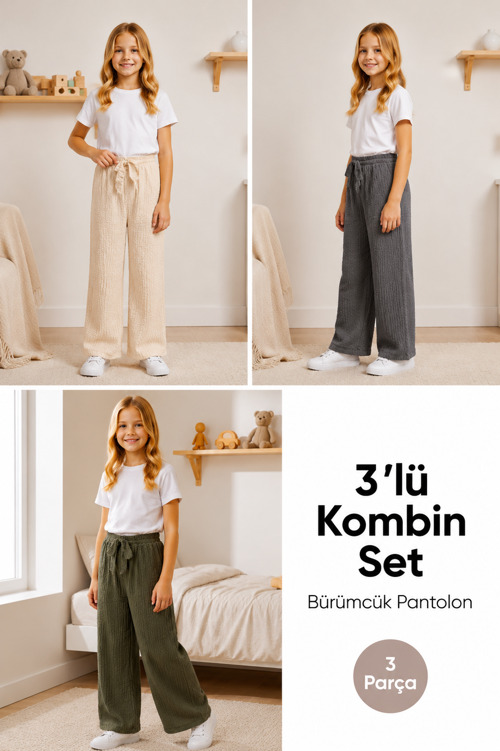 Kız Çocuk Bürümcük Kumaş Bol Paça Rahat Model Tek Alt (3'lü Paket)