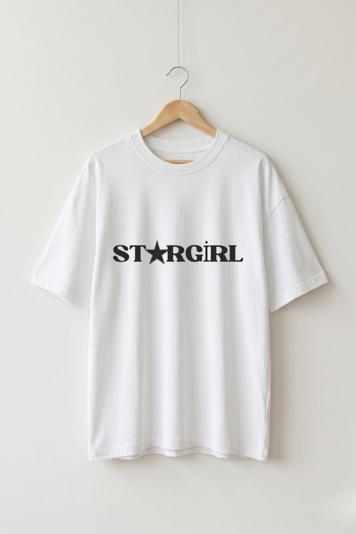 Oversize Unisex Beyaz Stargirl Yıldız Logolu Estetik Baskılı Tişört