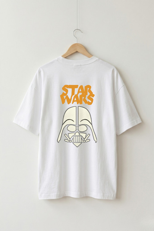 Oversize Unisex Beyaz Önlü Arkalı Darth Vader Star Wars Baskılı Tişört