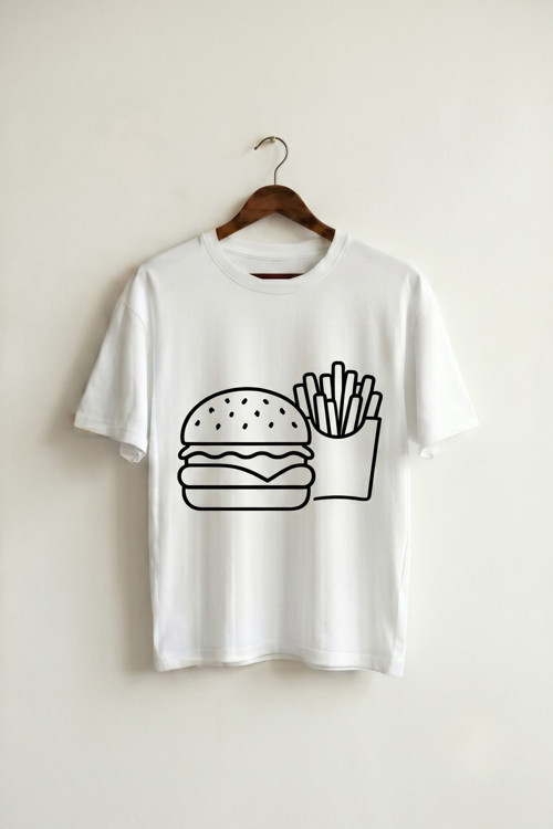 Oversize Unisex Beyaz Minimalist Fast Food Çizim Tasarım T-shirt
